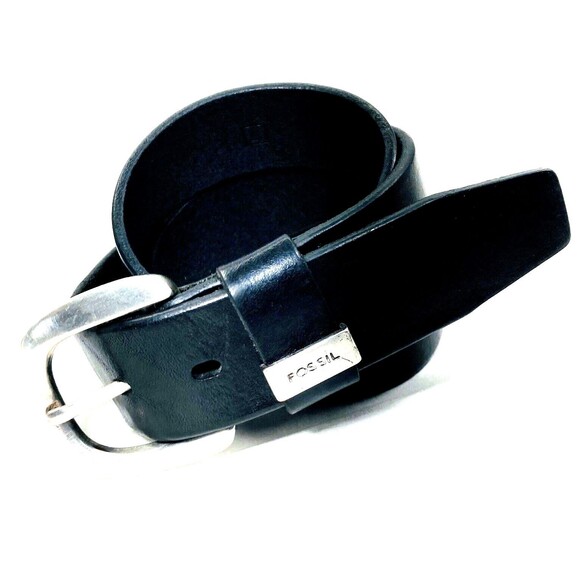 Fossil Vtg Logo Belt Skinny Black Leather Silver M L Unisex fits 31-35.5 waist - Picture 10 of 13
